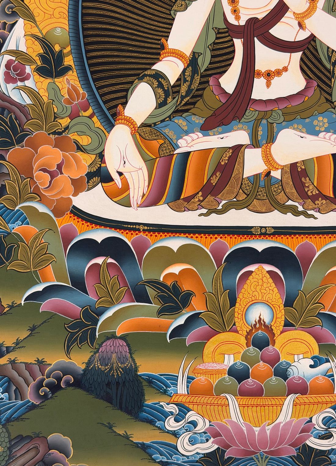 White Tara thangka, 58×84 cm: White Tara on a dark ground with peonies, snow peaks and a dragon in the clouds