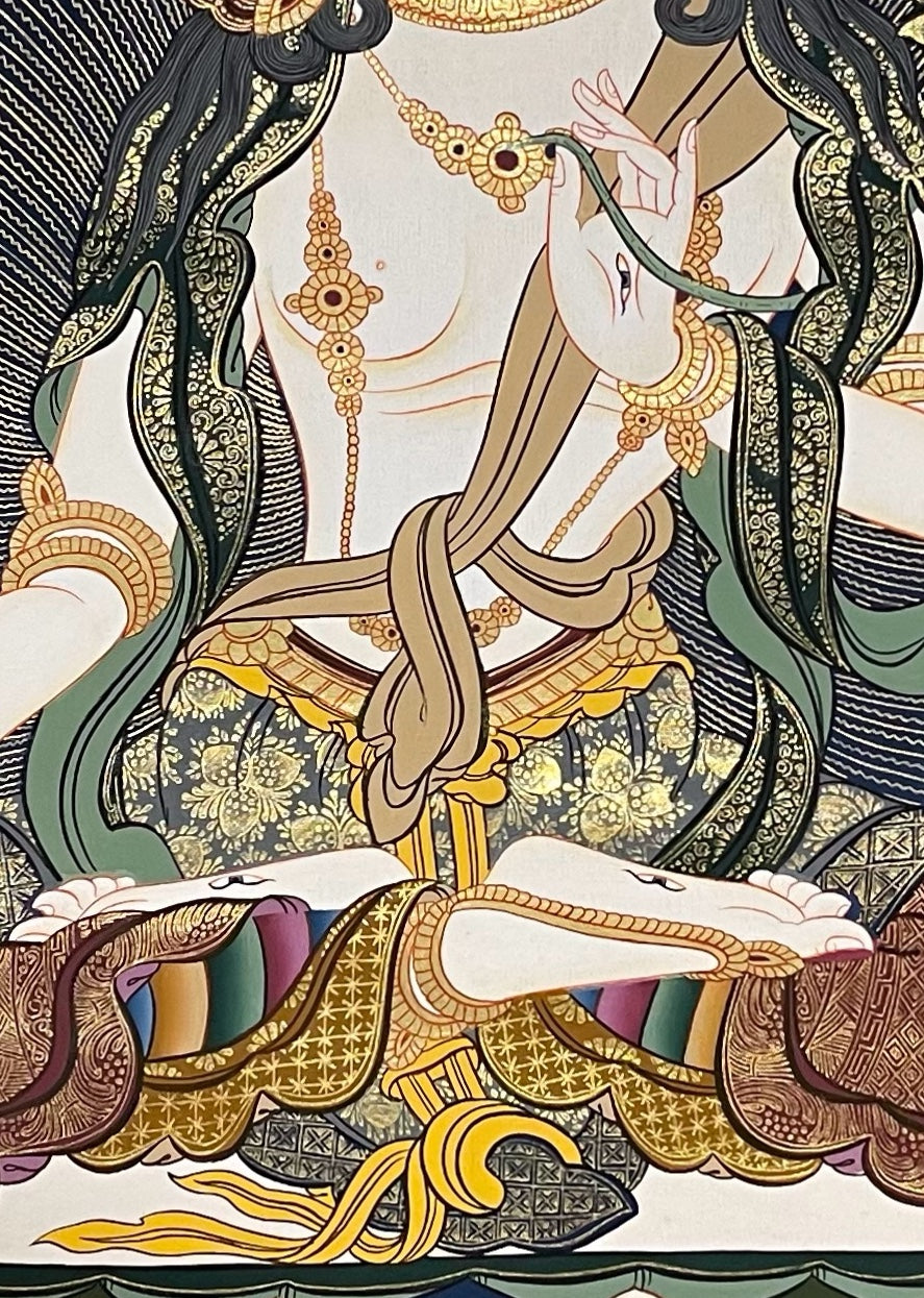 White Tara thangka, 58×81 cm: White Tara on a lotus with five Buddhas above and Manjushri and Vajrapani below