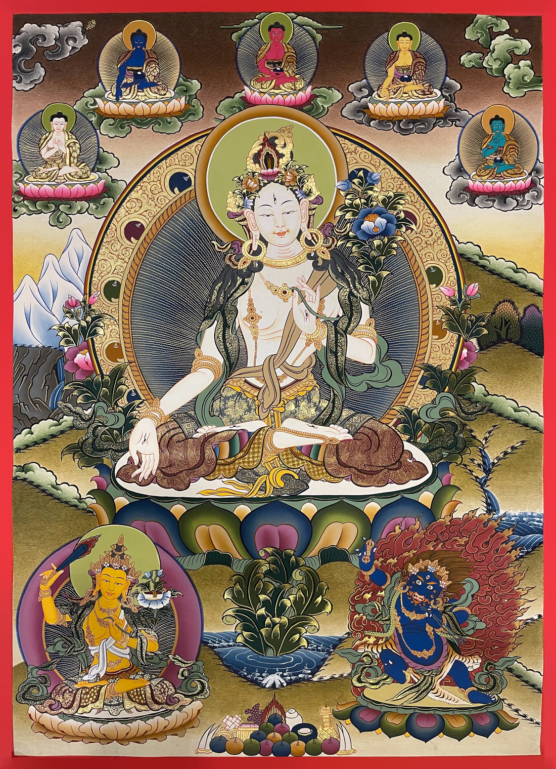 White Tara thangka, 58×81 cm: White Tara on a lotus with five Buddhas above and Manjushri and Vajrapani below