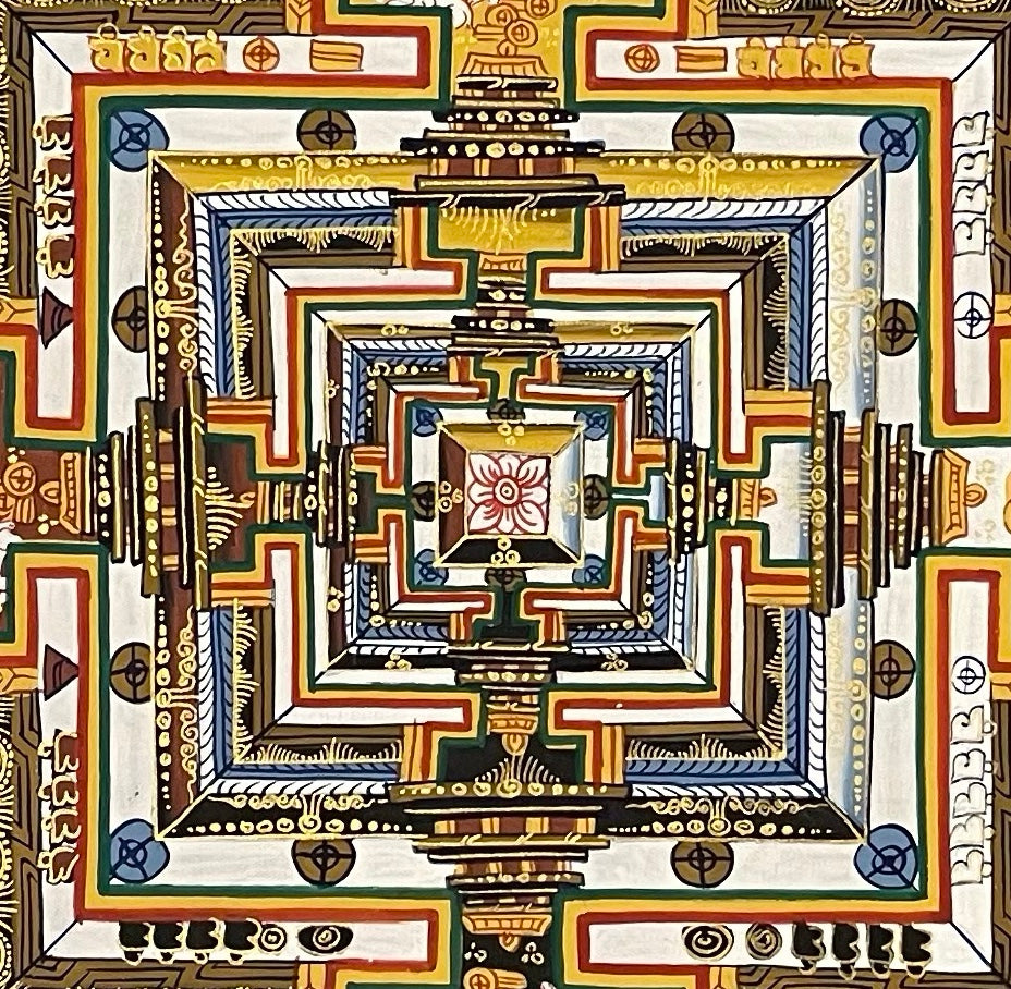 Kalachakra Mandala thangka, 55×55 cm: Kalachakra palace mandala on a teal ground, inside a border of dragons