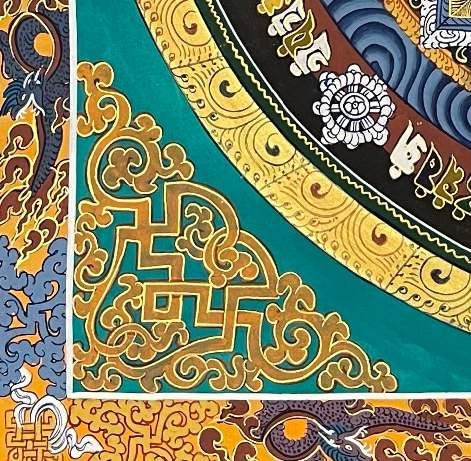Kalachakra Mandala thangka, detail: bottom-left corner