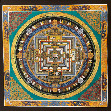 Kalachakra Mandala thangka, 55×55 cm: Kalachakra palace mandala on a teal ground, inside a border of dragons