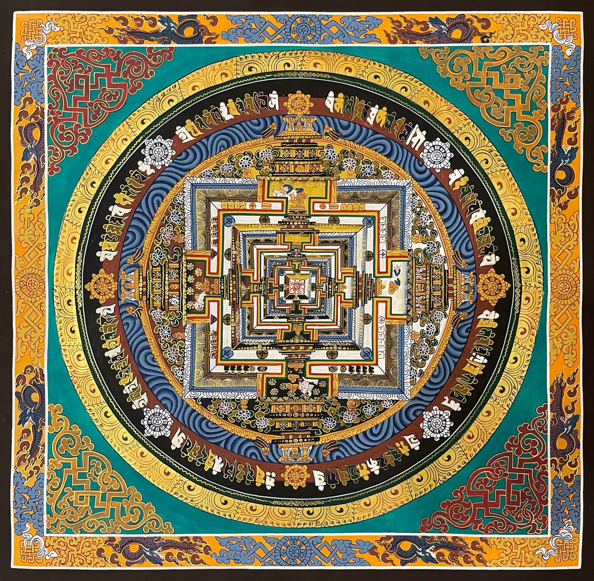 Kalachakra Mandala thangka, 55×55 cm: Kalachakra palace mandala on a teal ground, inside a border of dragons