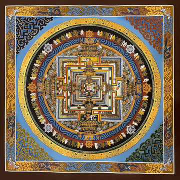Kalachakra Mandala thangka, 55×55 cm: Kalachakra palace mandala on a sky-blue ground, inside a border of dragons