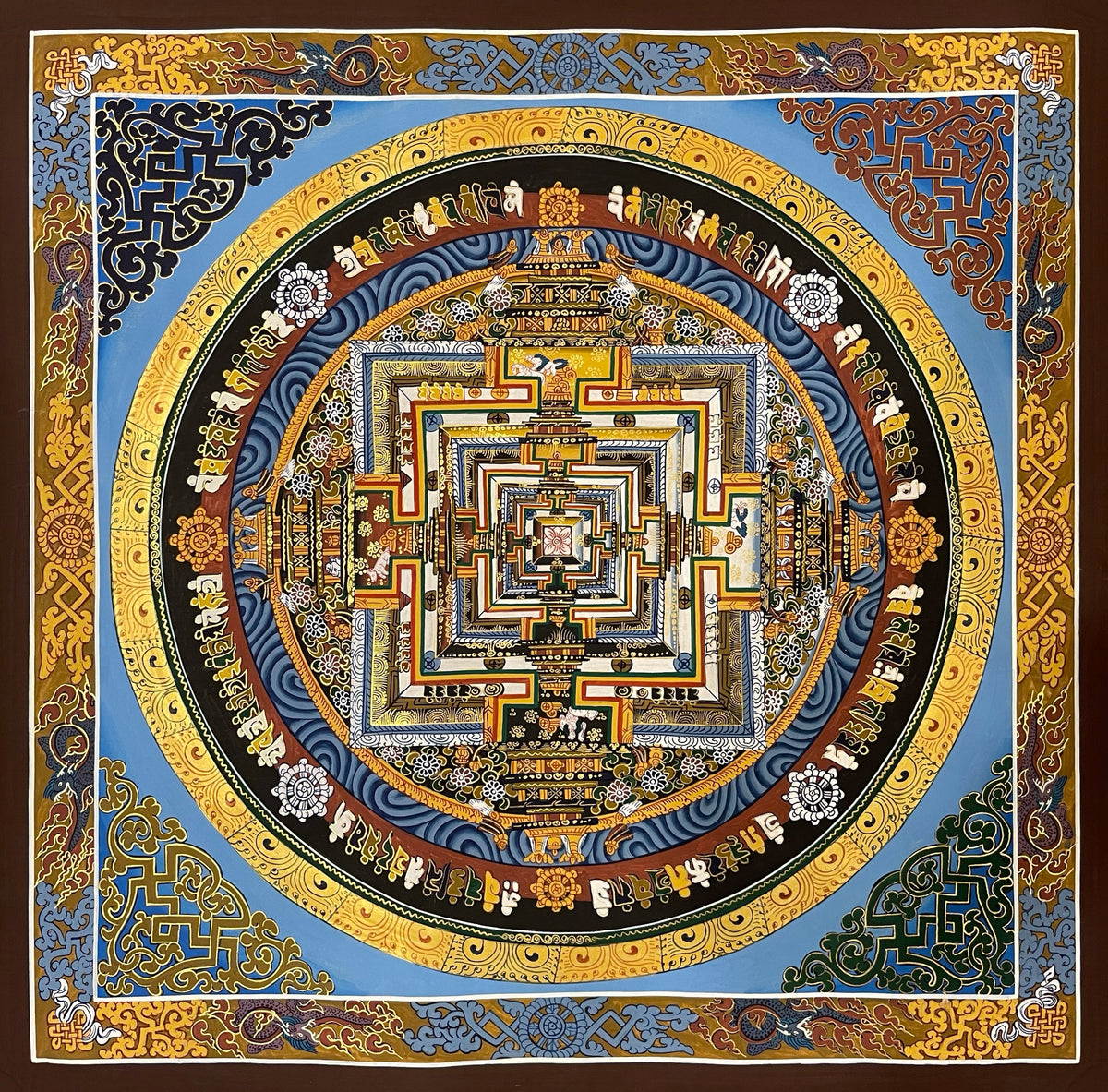 Kalachakra Mandala thangka, 55×55 cm: Kalachakra palace mandala on a sky-blue ground, inside a border of dragons