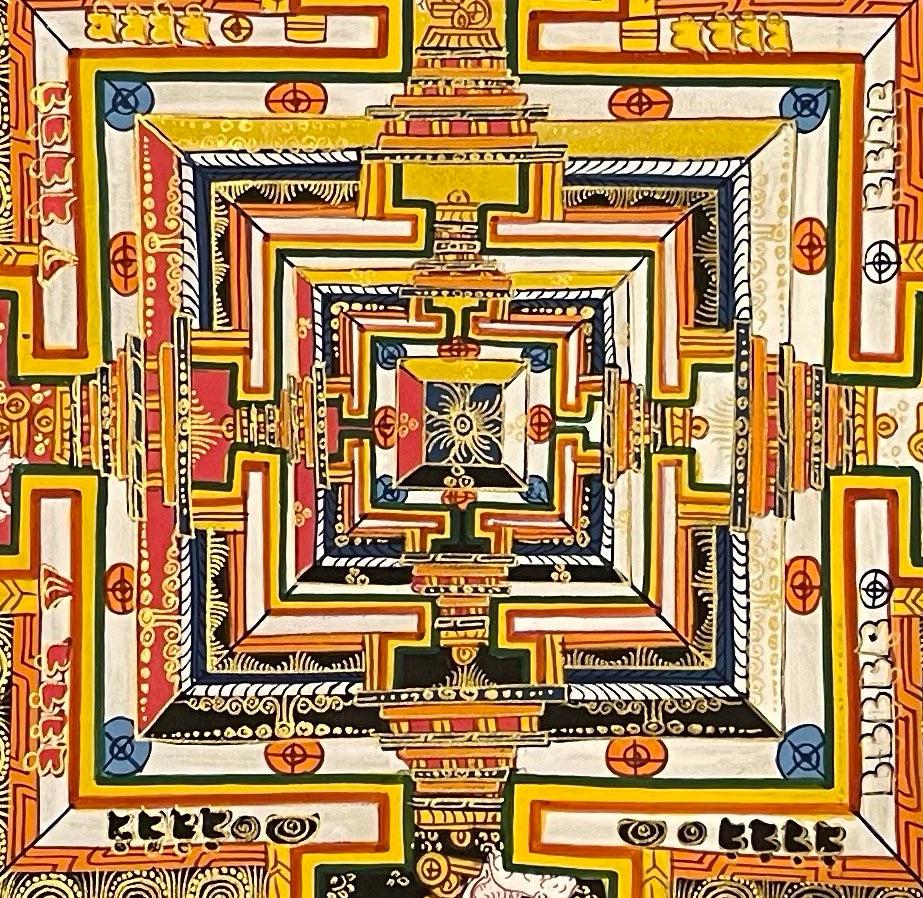 Kalachakra Mandala thangka, 55×55 cm: Kalachakra palace mandala on a bright blue ground, inside a border of dragons