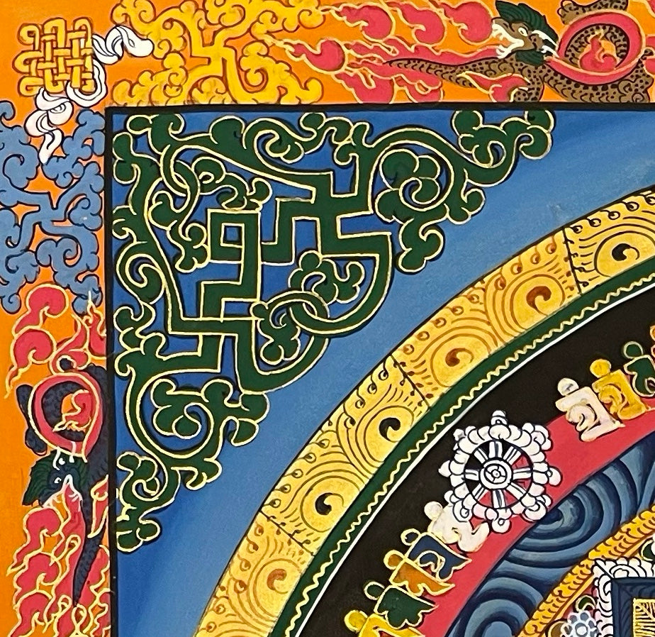 Kalachakra Mandala thangka, detail: top-left corner