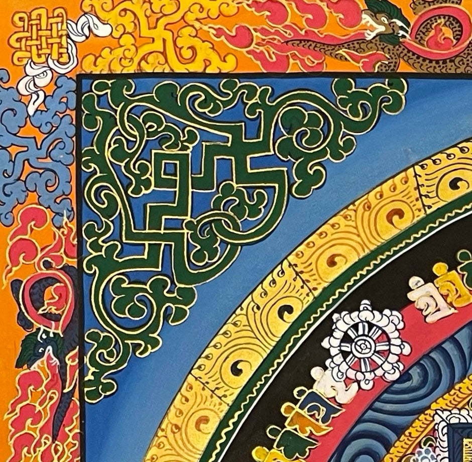 Kalachakra Mandala thangka, detail: top-left corner