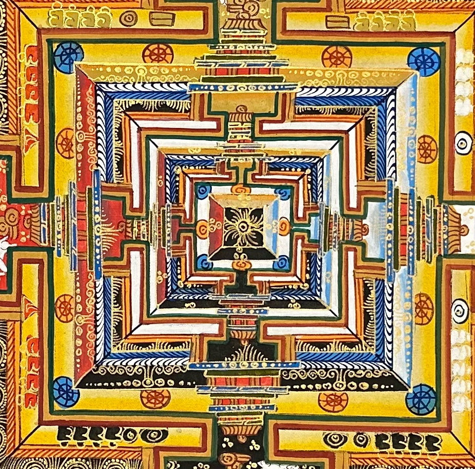 Kalachakra Mandala thangka, 55×55 cm: Kalachakra palace mandala on a golden-yellow ground, inside a border of dragons