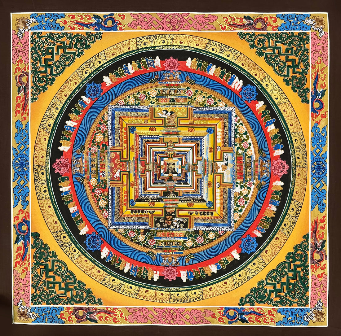 Kalachakra Mandala thangka, 55×55 cm: Kalachakra palace mandala on a golden-yellow ground, inside a border of dragons