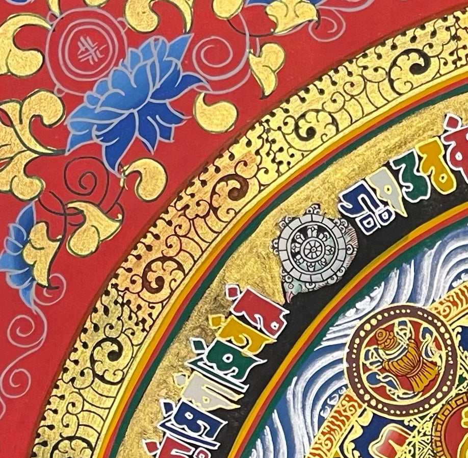 Kalachakra Monogram Mandala thangka, detail: top-left corner
