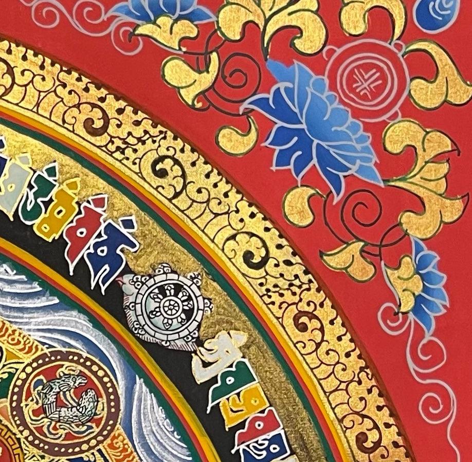 Kalachakra Monogram Mandala thangka, detail: top-right corner