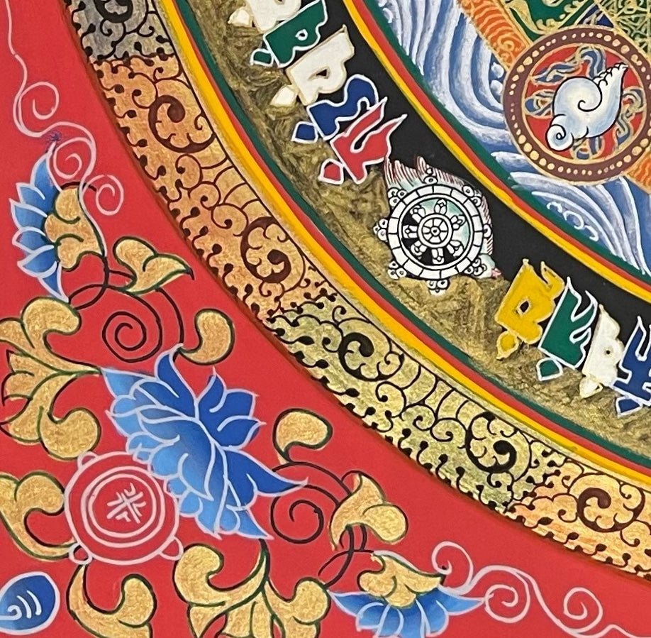 Kalachakra Monogram Mandala thangka, detail: bottom-left corner