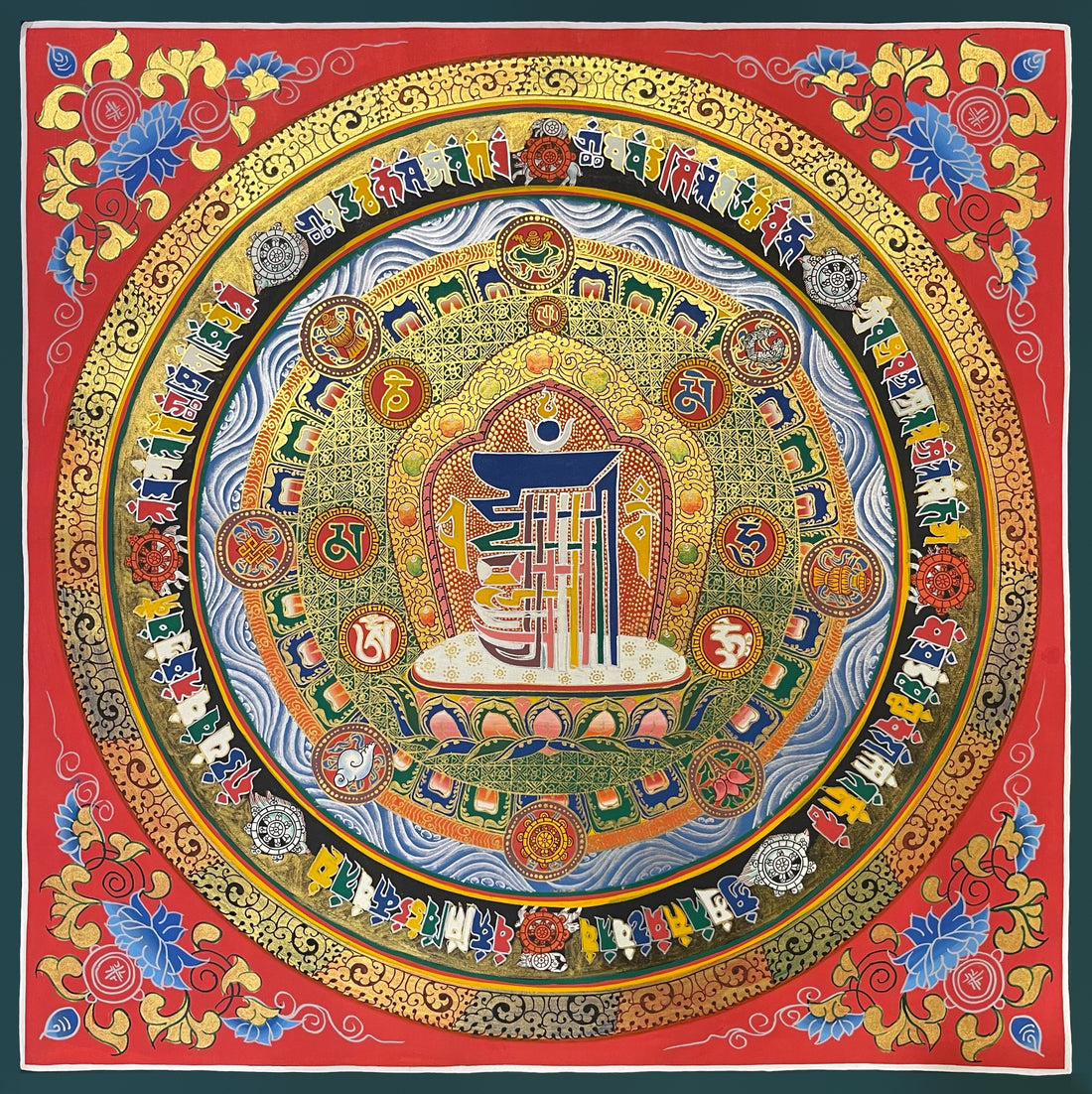 Kalachakra Monogram Mandala thangka, 55×55 cm: the ten-syllable monogram at the centre, ringed by seed syllables and the eight auspicious symbols