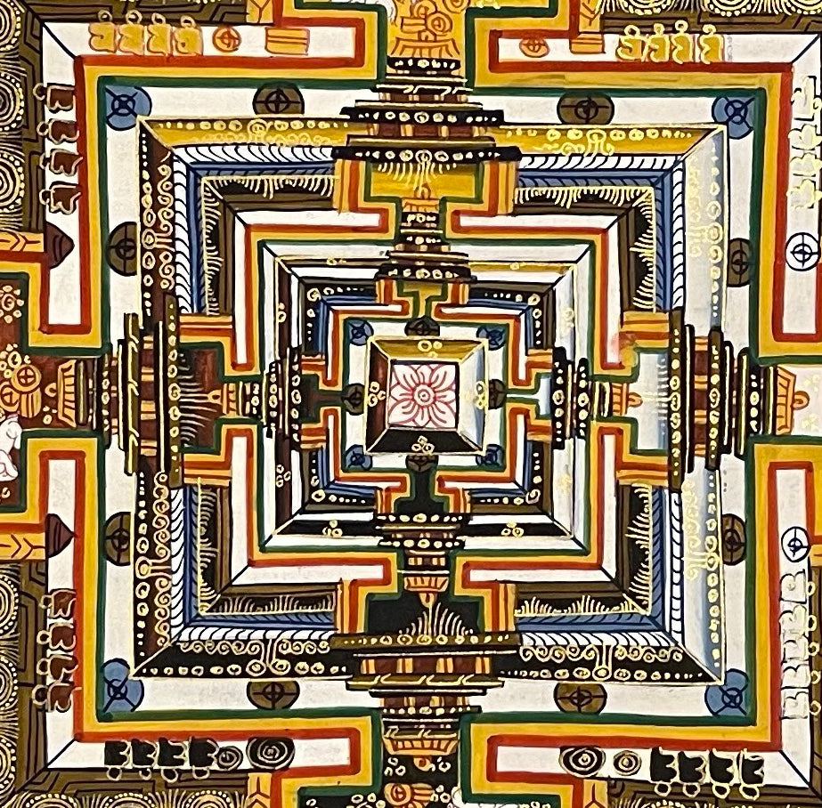 Kalachakra Mandala thangka, 55×55 cm: Kalachakra palace mandala on a turquoise ground, inside a border of dragons