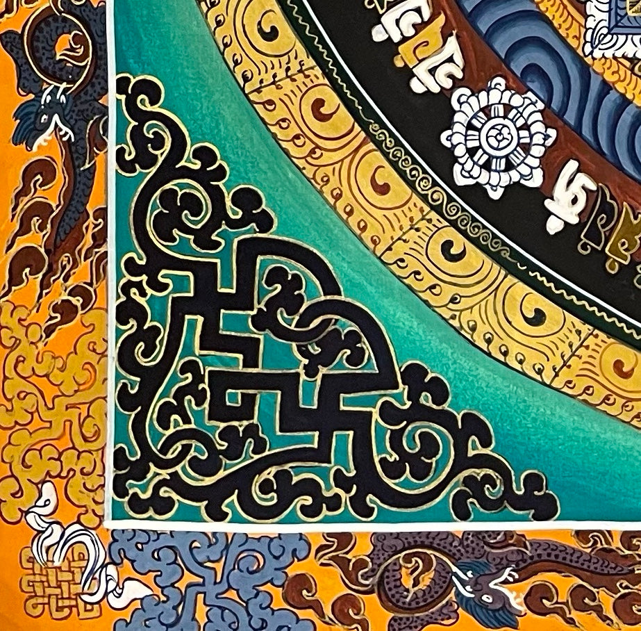 Kalachakra Mandala thangka, detail: bottom-left corner