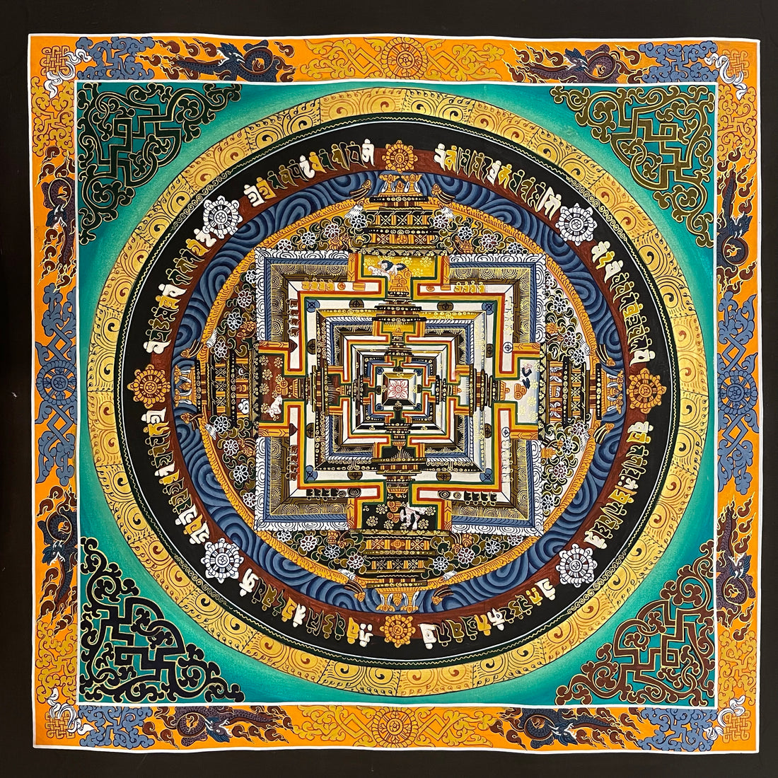 Kalachakra Mandala thangka, 55×55 cm: Kalachakra palace mandala on a turquoise ground, inside a border of dragons