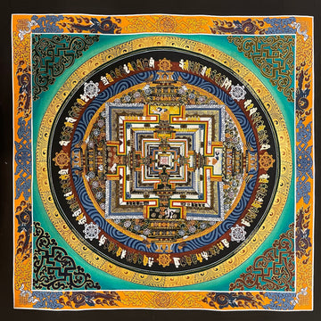Kalachakra Mandala thangka, 55×55 cm: Kalachakra palace mandala on a turquoise ground, inside a border of dragons