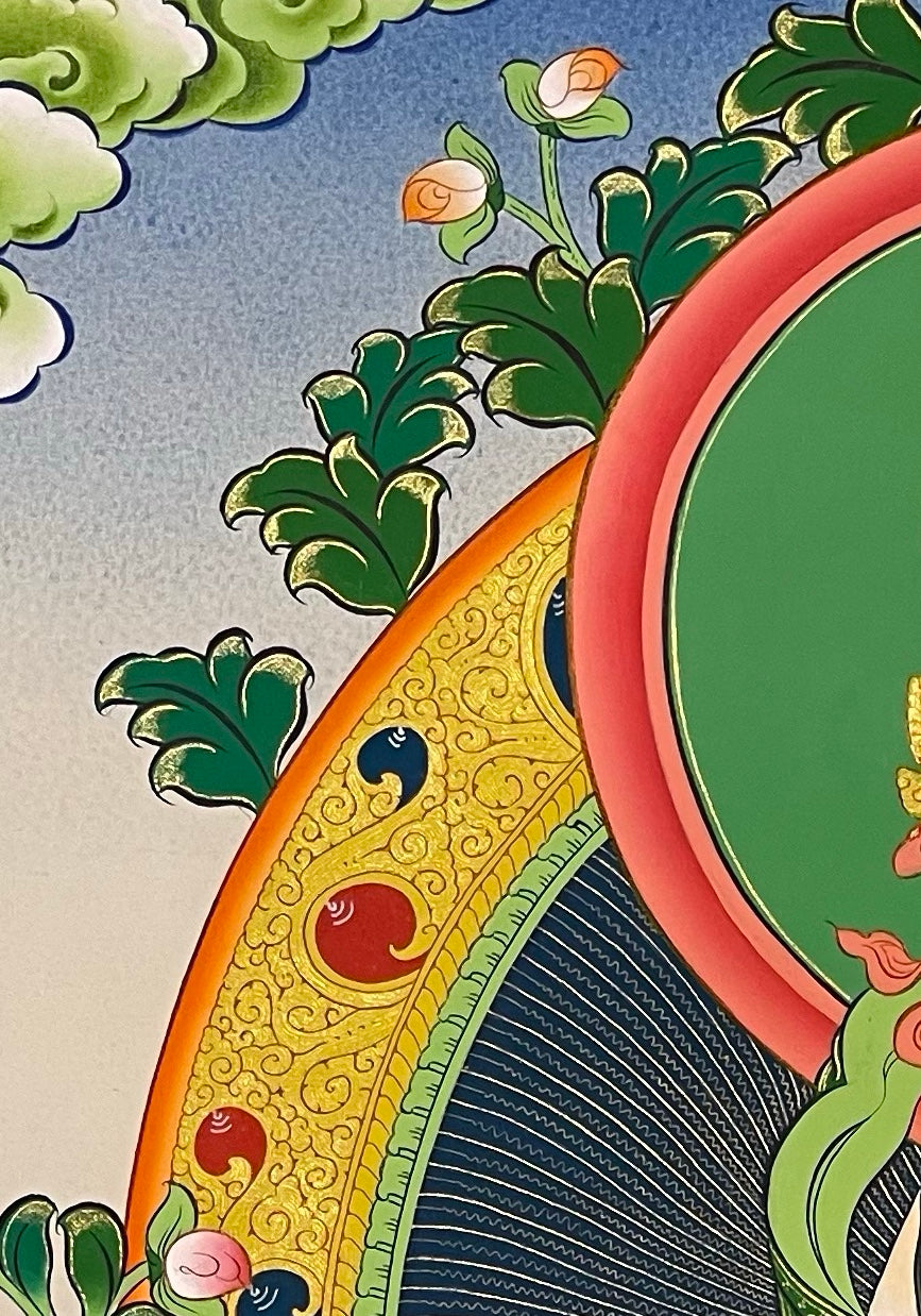 White Tara thangka, detail: top-left corner