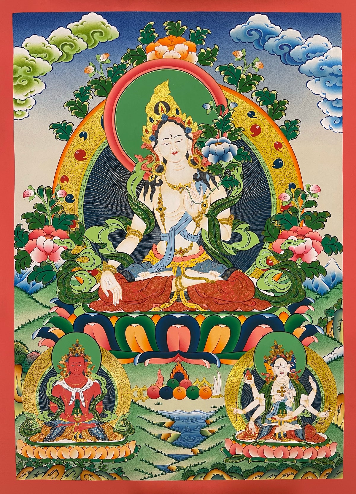 White Tara thangka, 59×82 cm: White Tara with Amitayus and Namgyalma, the three long-life deities