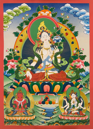 White Tara thangka, 59×82 cm: White Tara with Amitayus and Namgyalma, the three long-life deities