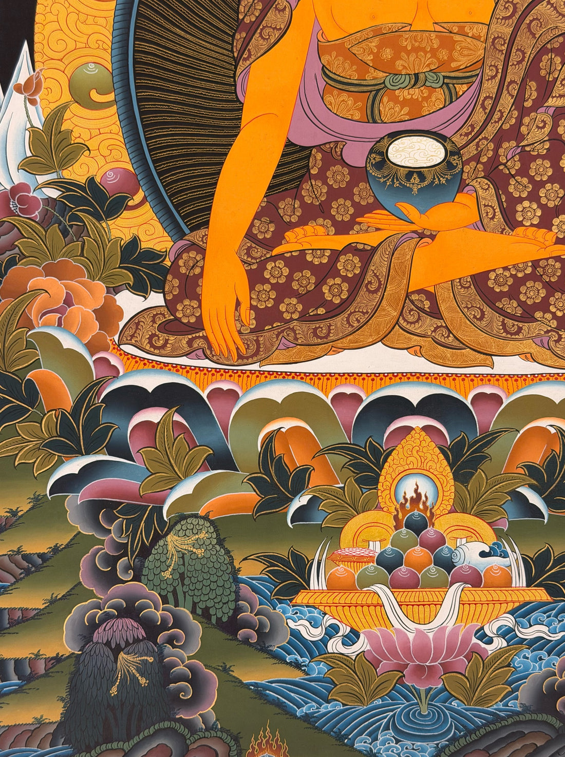 Shakyamuni Buddha thangka, 58×84 cm: Shakyamuni touching the earth on a dark ground with peonies and a dragon in the clouds