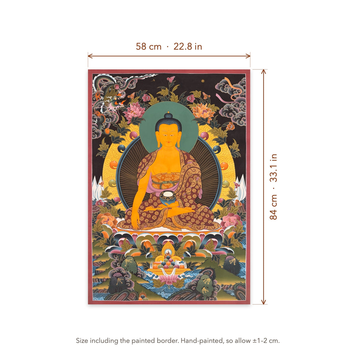 Size diagram: 58 × 84 cm (22.8 × 33.1 in), including the painted border