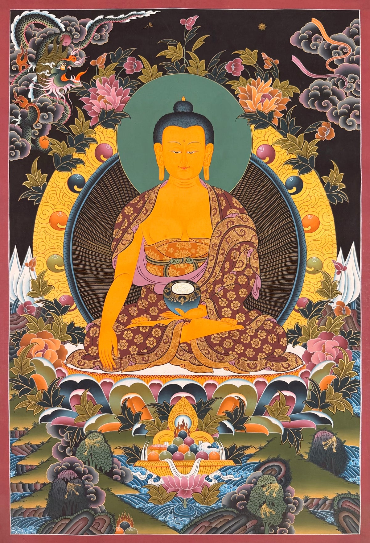 Shakyamuni Buddha thangka, 58×84 cm: Shakyamuni touching the earth on a dark ground with peonies and a dragon in the clouds