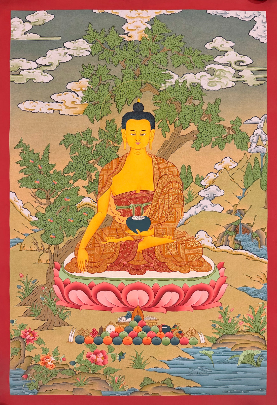 Shakyamuni Buddha thangka, 58×82 cm: Shakyamuni touching the earth beneath a spreading tree in a soft landscape with a waterfall