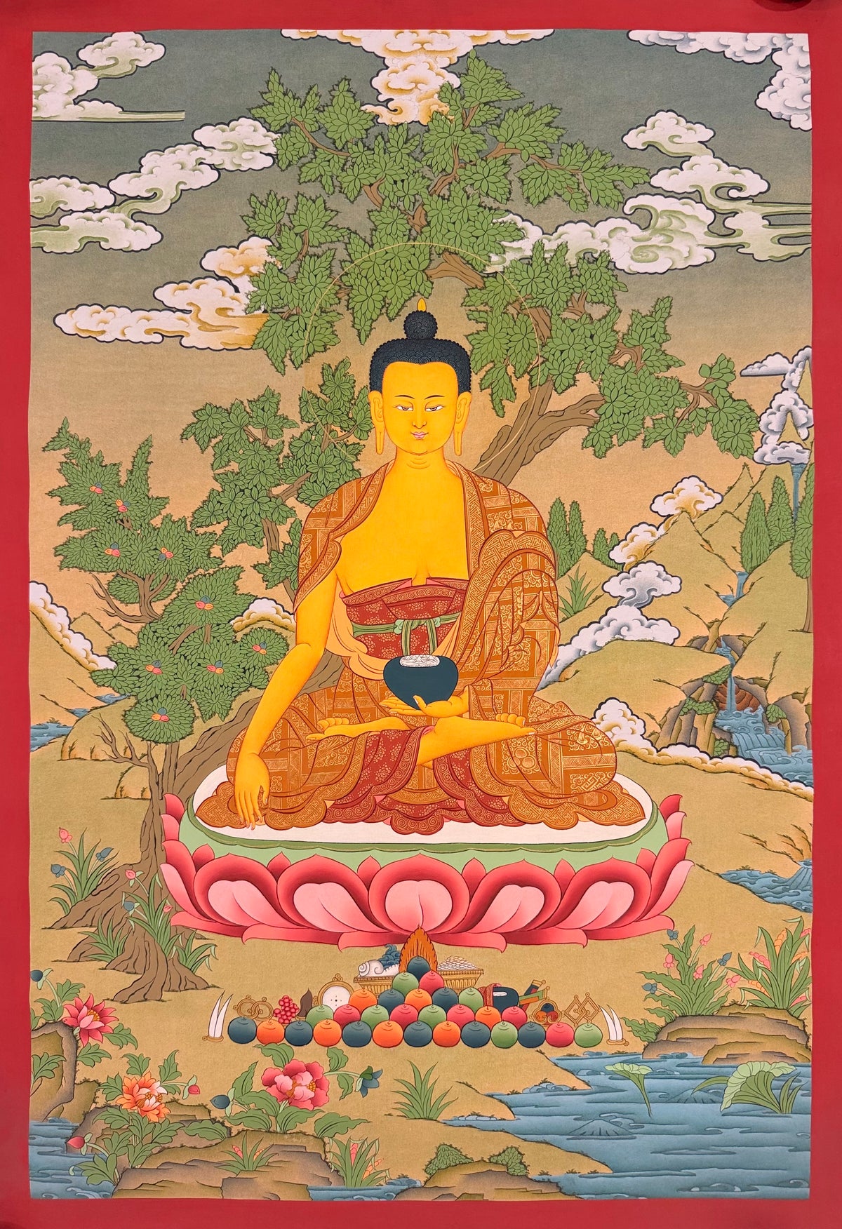 Shakyamuni Buddha thangka, 58×82 cm: Shakyamuni touching the earth beneath a spreading tree in a soft landscape with a waterfall