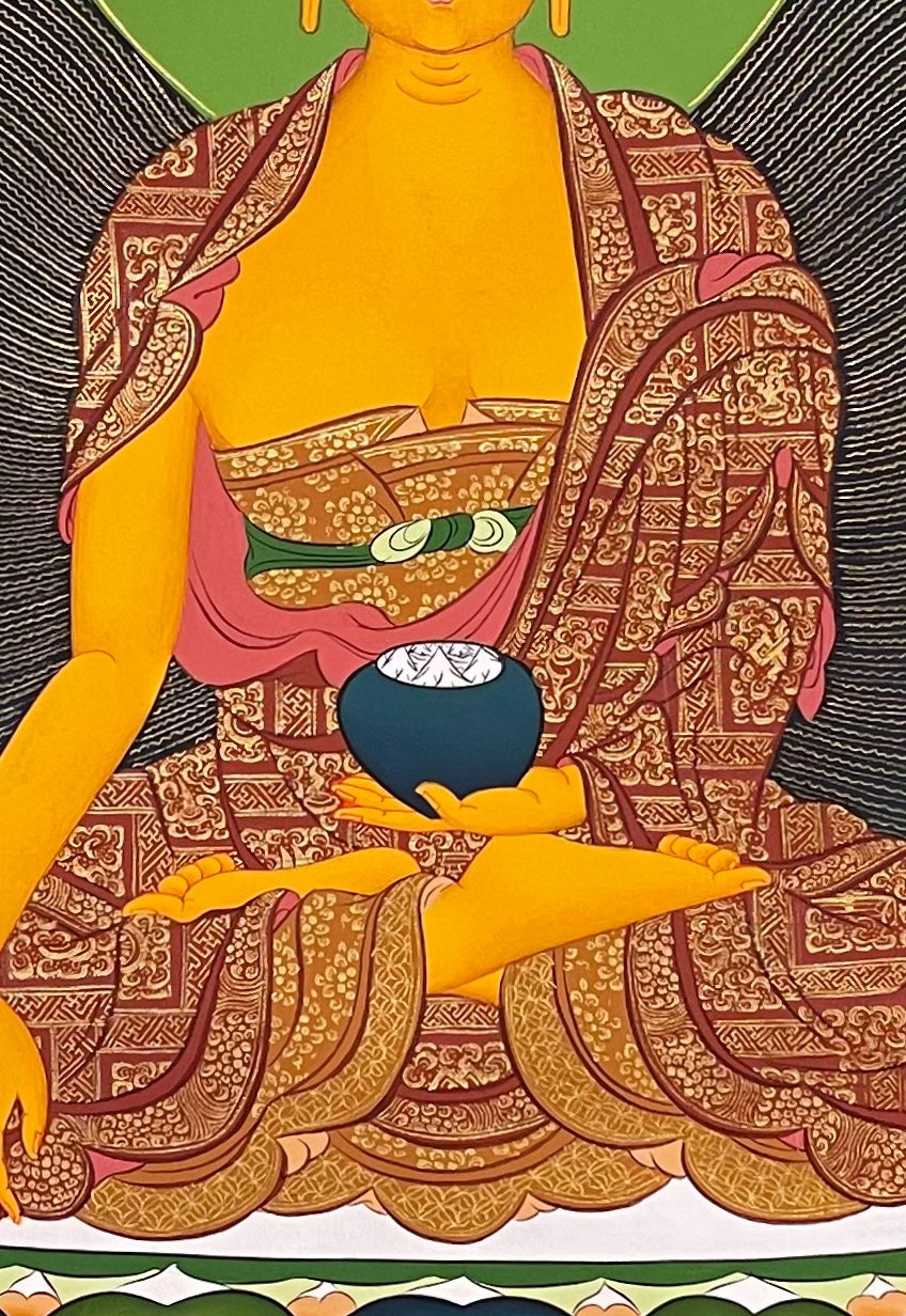 Shakyamuni Buddha thangka, 57×80 cm: Shakyamuni touching the earth with a bowl, two Buddhas above and two monks below