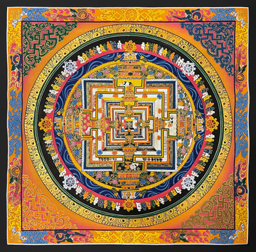 Kalachakra Mandala thangka, 55×55 cm: Kalachakra palace mandala on an orange ground shading to pink, with interlaced scrolls in the corners