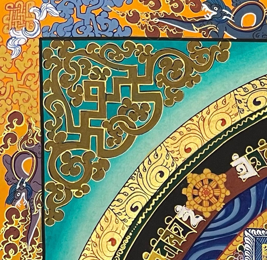 Kalachakra Mandala thangka, detail: top-left corner