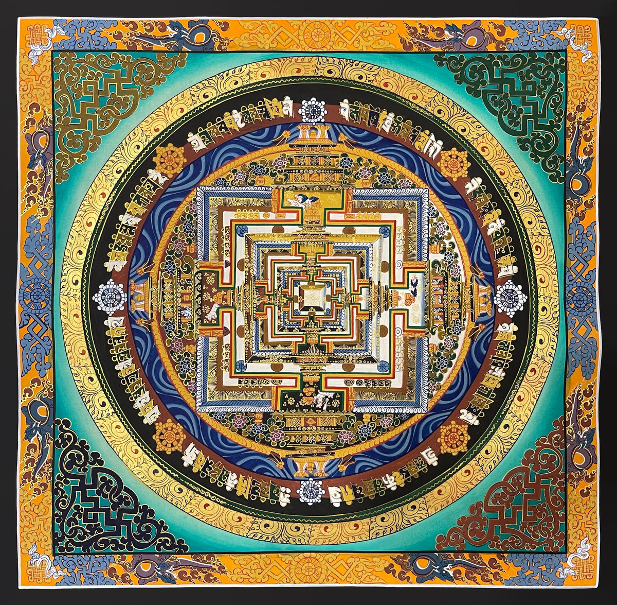 Kalachakra Mandala thangka, 55×55 cm: Kalachakra palace mandala on a turquoise ground, with knot-pattern corners and an orange border
