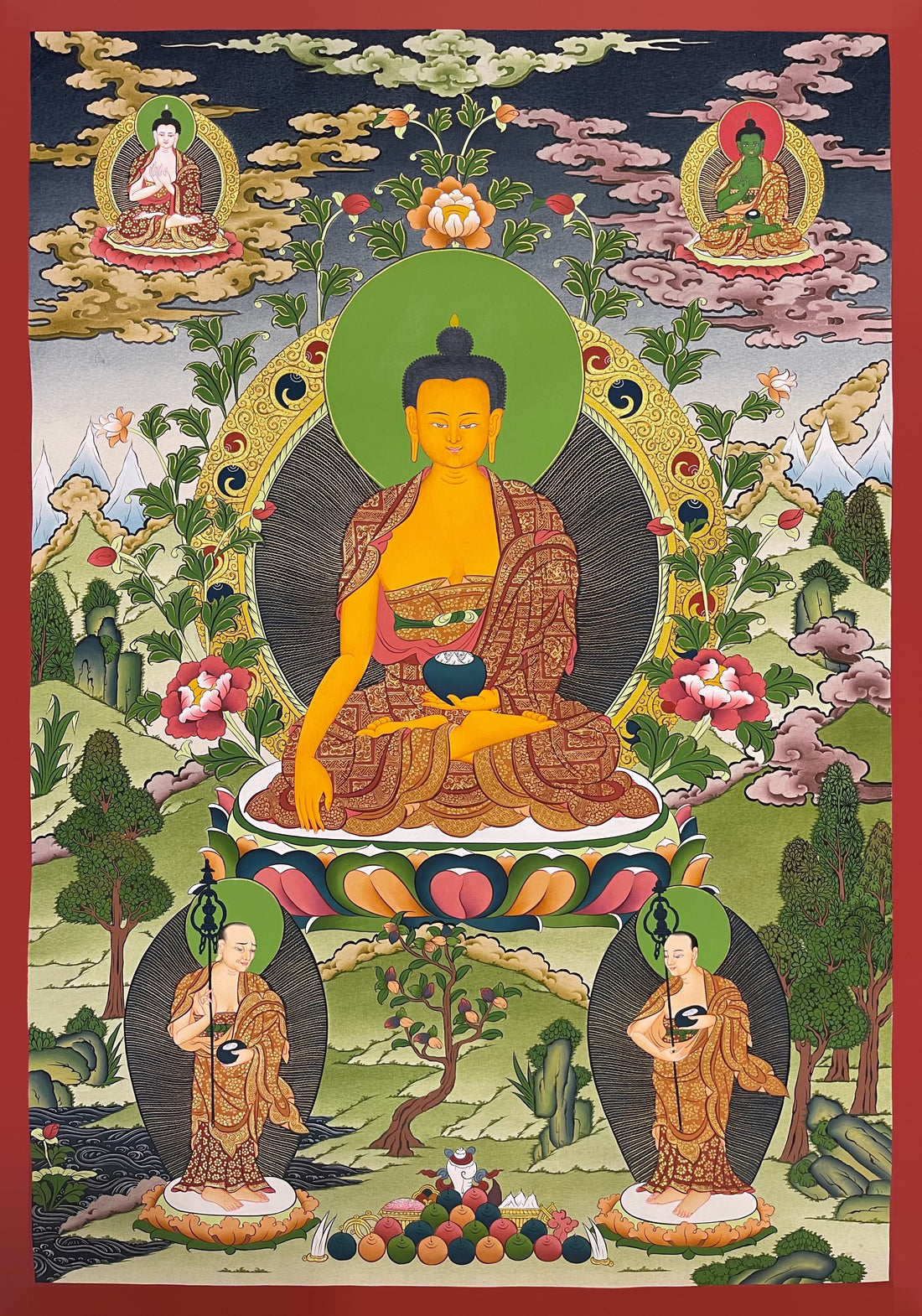 Shakyamuni Buddha thangka, 57×80 cm: Shakyamuni touching the earth with a bowl, two Buddhas above and two monks below