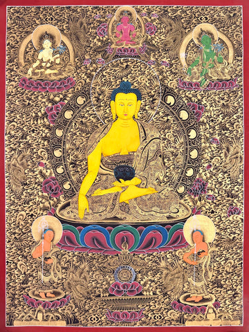 Shakyamuni Buddha thangka, 61×81 cm: Shakyamuni on a dark ground of dense gold-coloured patterning, with White Tara, Amitayus and Green Tara above