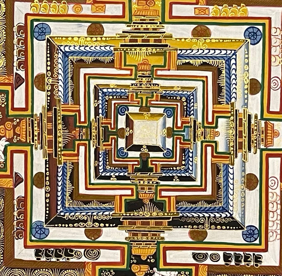 Kalachakra Mandala thangka, 55×55 cm: Kalachakra palace mandala on a pale blue ground, inside a border of dragons