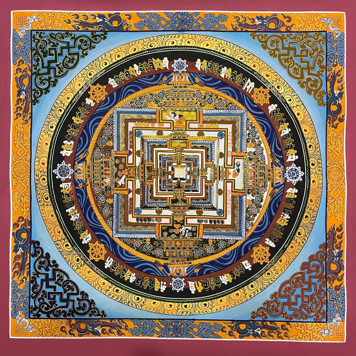 Kalachakra Mandala thangka, 55×55 cm: Kalachakra palace mandala on a pale blue ground, inside a border of dragons