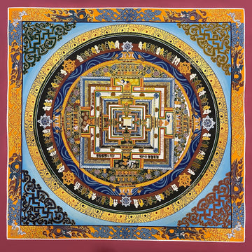 Kalachakra Mandala thangka, 55×55 cm: Kalachakra palace mandala on a pale blue ground, inside a border of dragons
