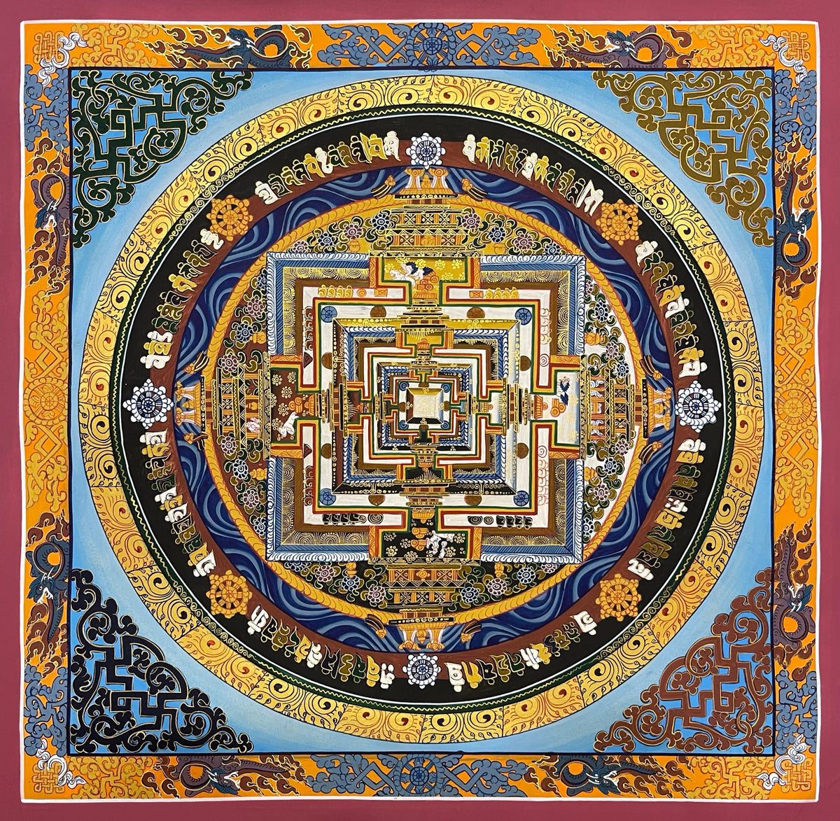 Kalachakra Mandala thangka, 55×55 cm: Kalachakra palace mandala on a pale blue ground, inside a border of dragons