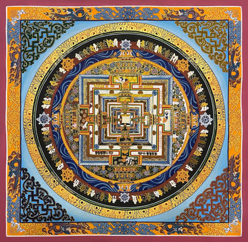 Kalachakra Mandala thangka, 55×55 cm: Kalachakra palace mandala on a pale blue ground, inside a border of dragons