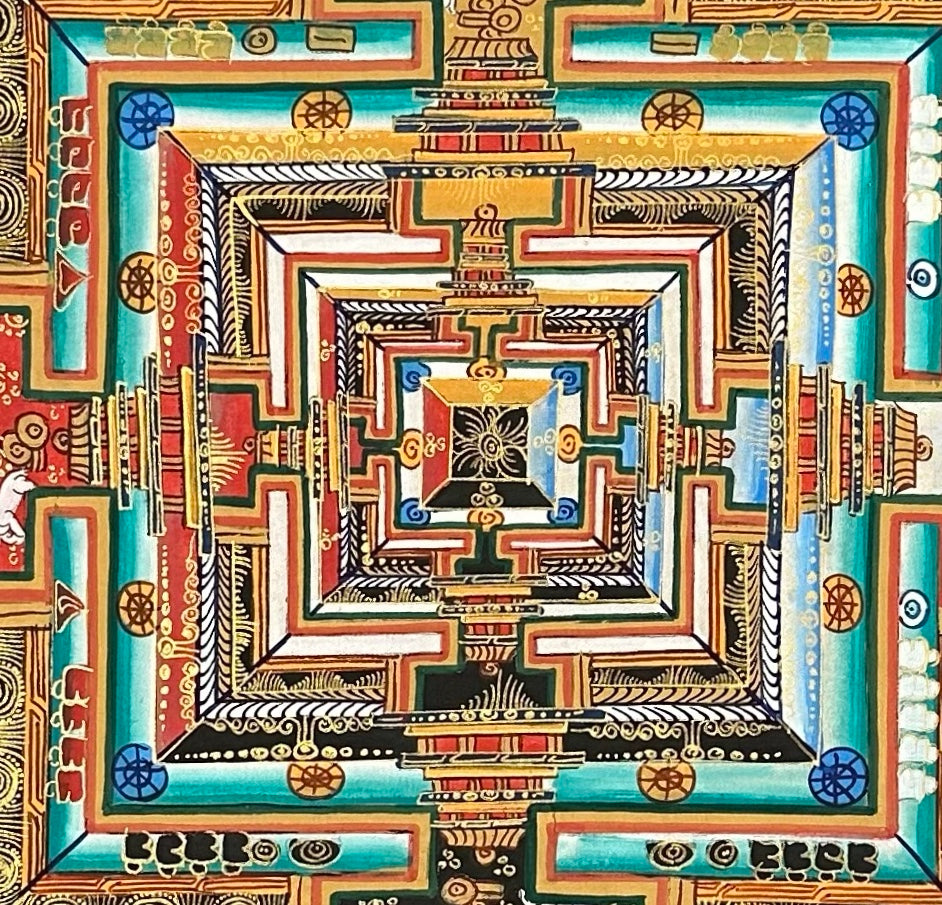 Kalachakra Mandala thangka, 55×55 cm: Kalachakra palace mandala on an orange ground glowing red at the corners, inside a border of dragons