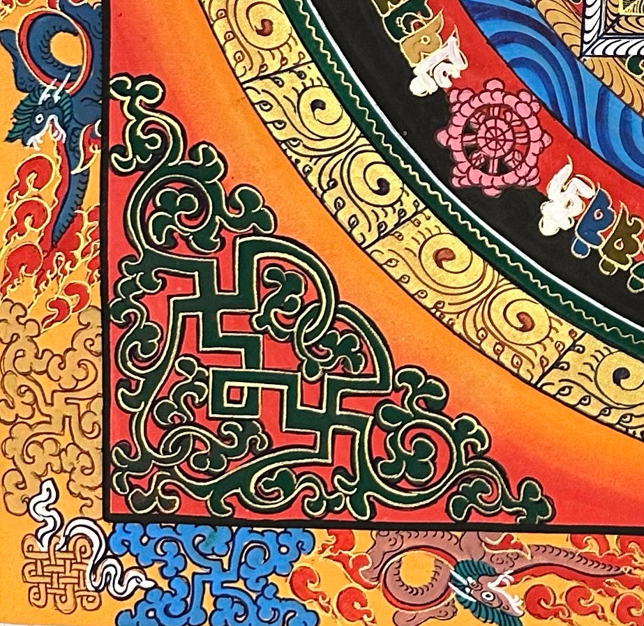 Kalachakra Mandala thangka, detail: bottom-left corner