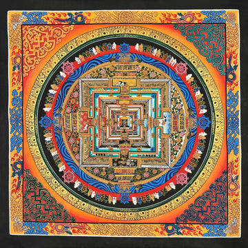 Kalachakra Mandala thangka, 55×55 cm: Kalachakra palace mandala on an orange ground glowing red at the corners, inside a border of dragons
