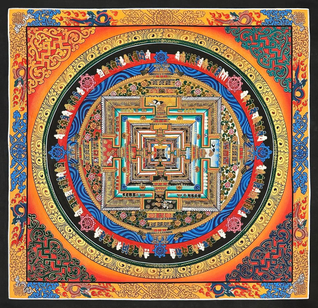 Kalachakra Mandala thangka, 55×55 cm: Kalachakra palace mandala on an orange ground glowing red at the corners, inside a border of dragons