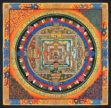 Kalachakra Mandala thangka, 55×55 cm: Kalachakra palace mandala on an orange ground glowing red at the corners, inside a border of dragons