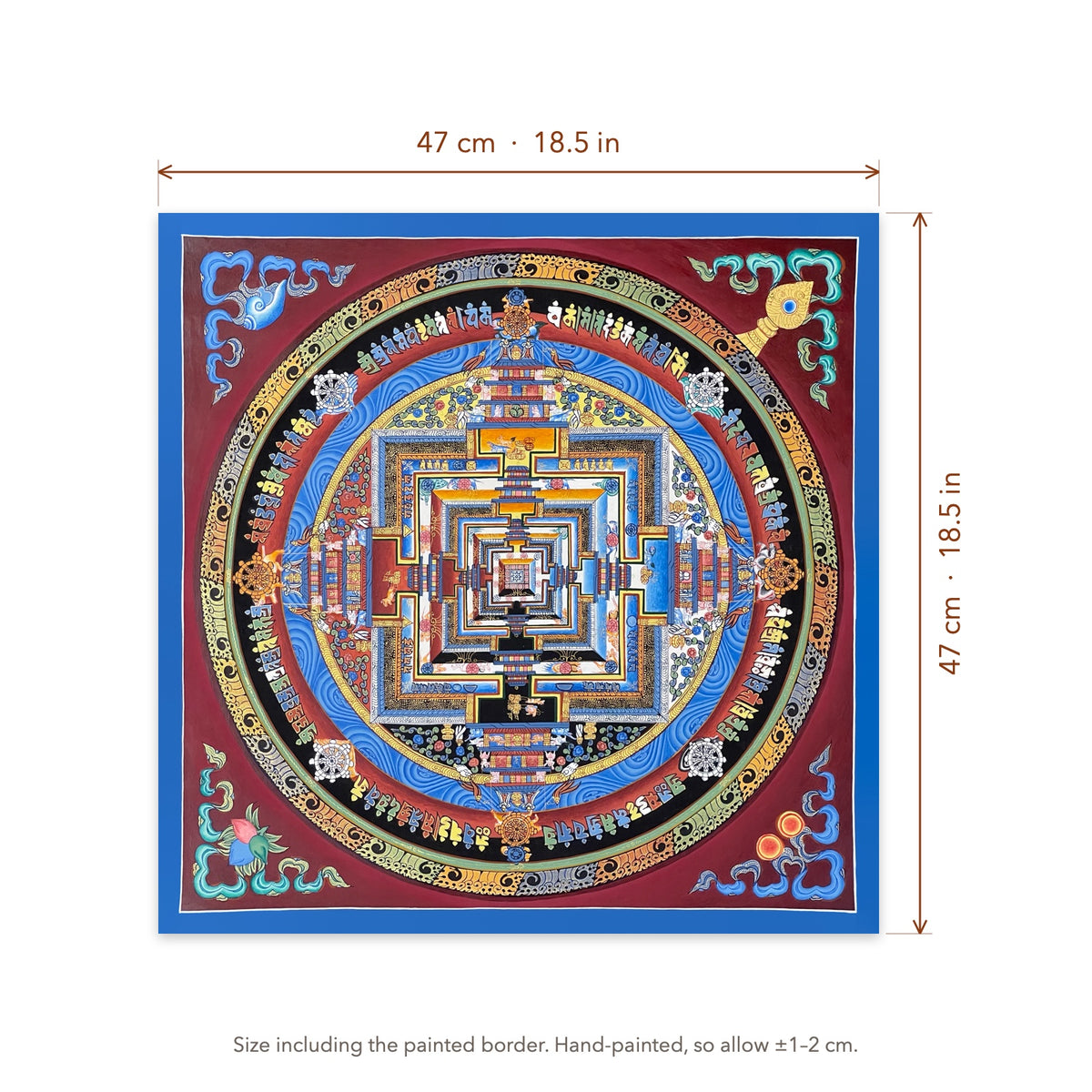 Size diagram: 47 × 47 cm (18.5 × 18.5 in), including the painted border