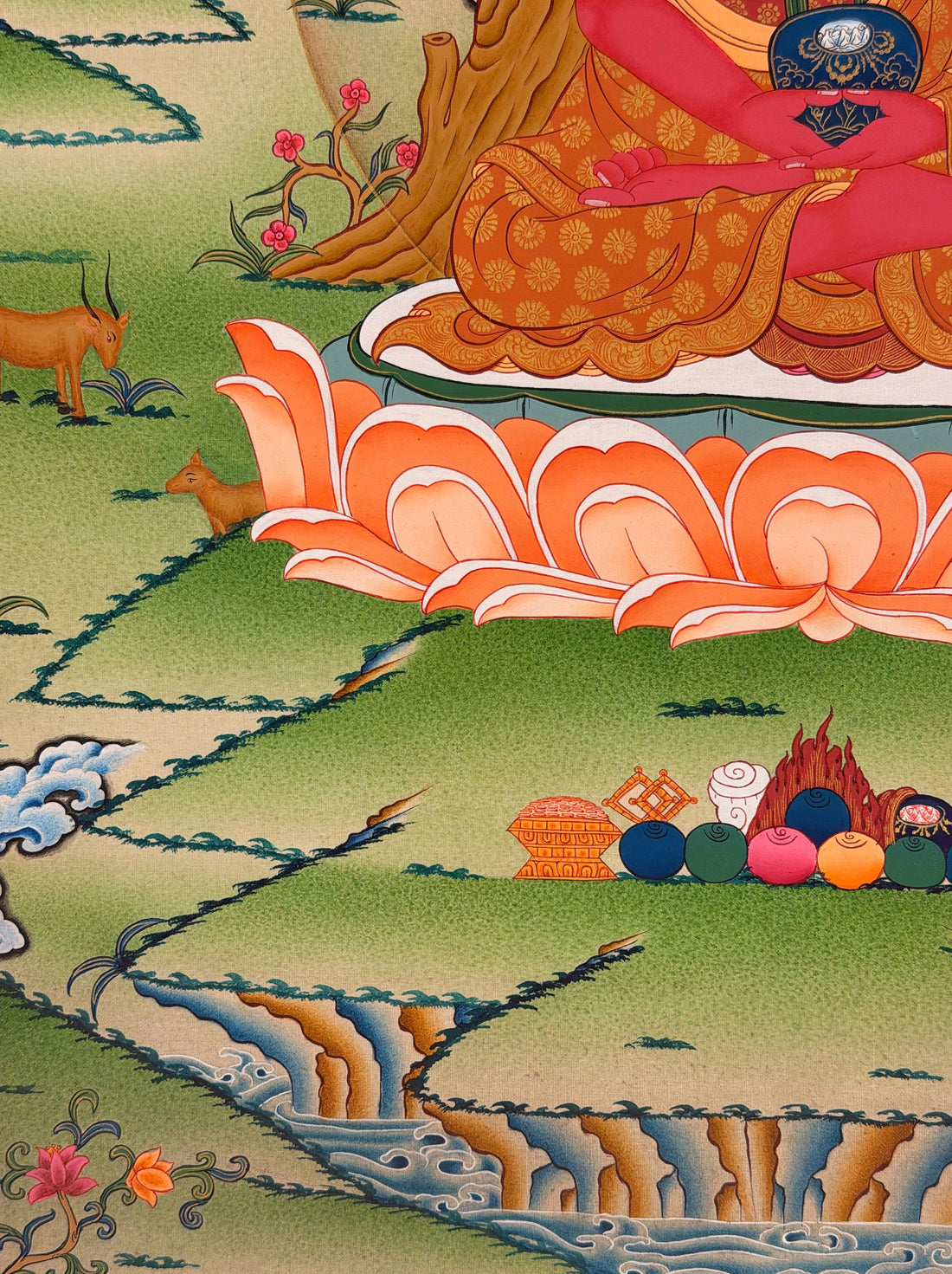 Amitabha Buddha thangka, 50×66 cm: red Amitabha beneath a tree among green hills, with two deer and offerings