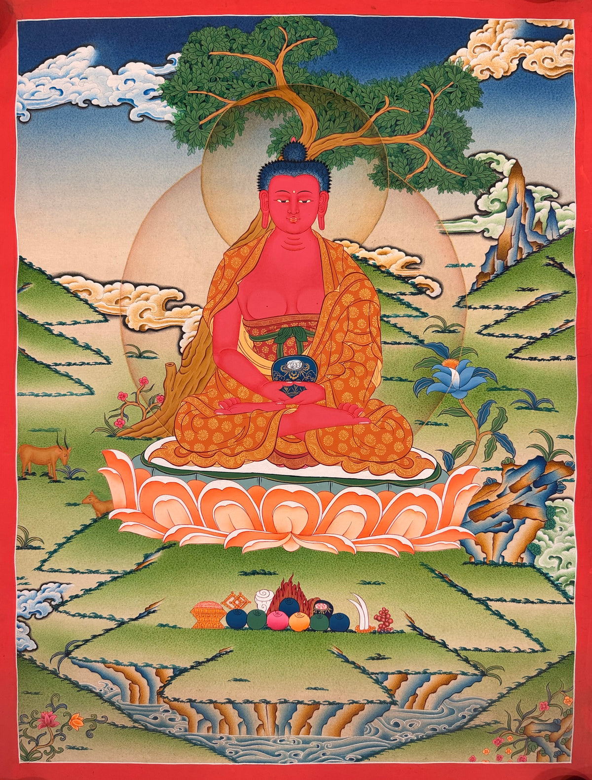 Amitabha Buddha thangka, 50×66 cm: red Amitabha beneath a tree among green hills, with two deer and offerings