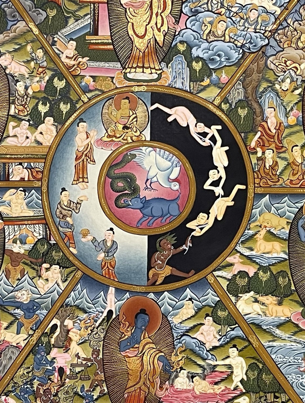Wheel of Life thangka, 94×119 cm: red Yama holding the Wheel of Life with a Buddha in each realm, inside a border of dragons